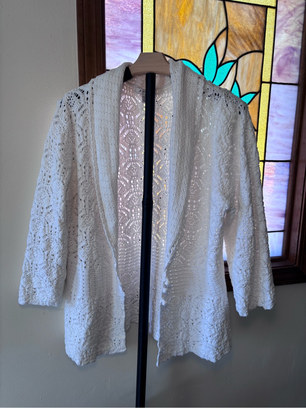 JM Collection Cream Open-Front Crochet Cardigan